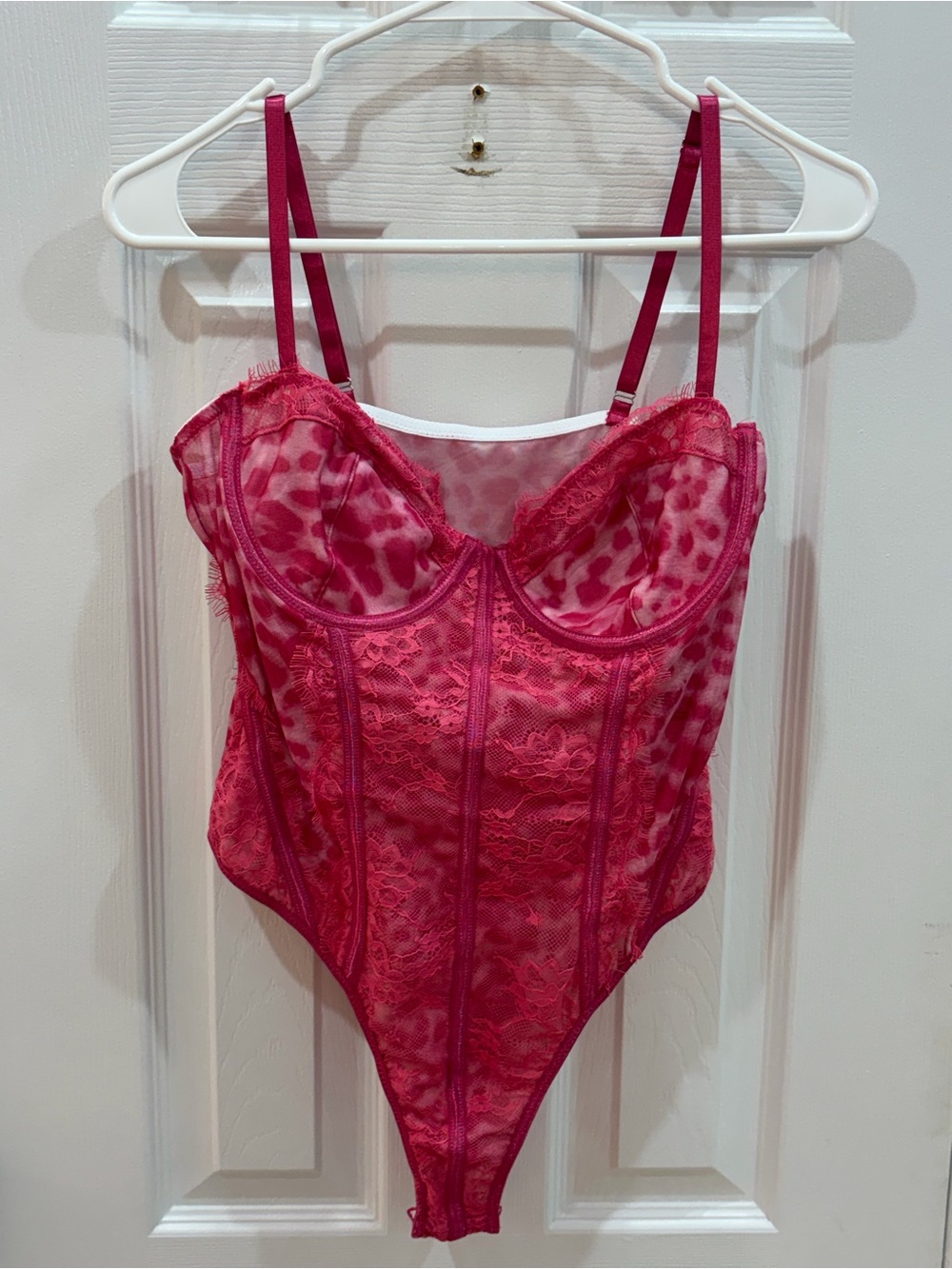 SHEIN Hot Pink Lace Bustier Bodysuit with Leopard Mesh